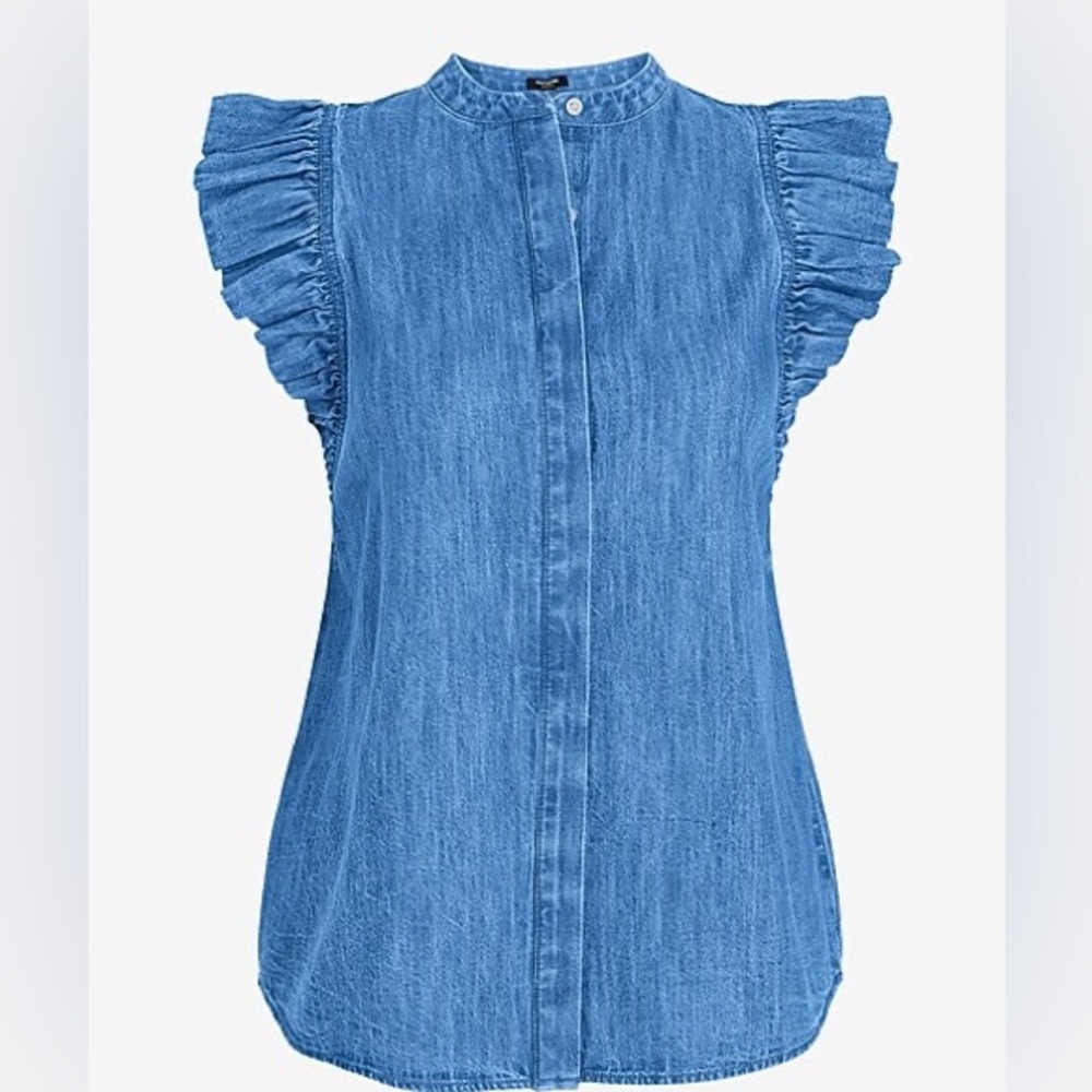 Express Denim Flutter Blue Ruffle Sleeve Button Up Blouse Sz S - Picture 2 of 13